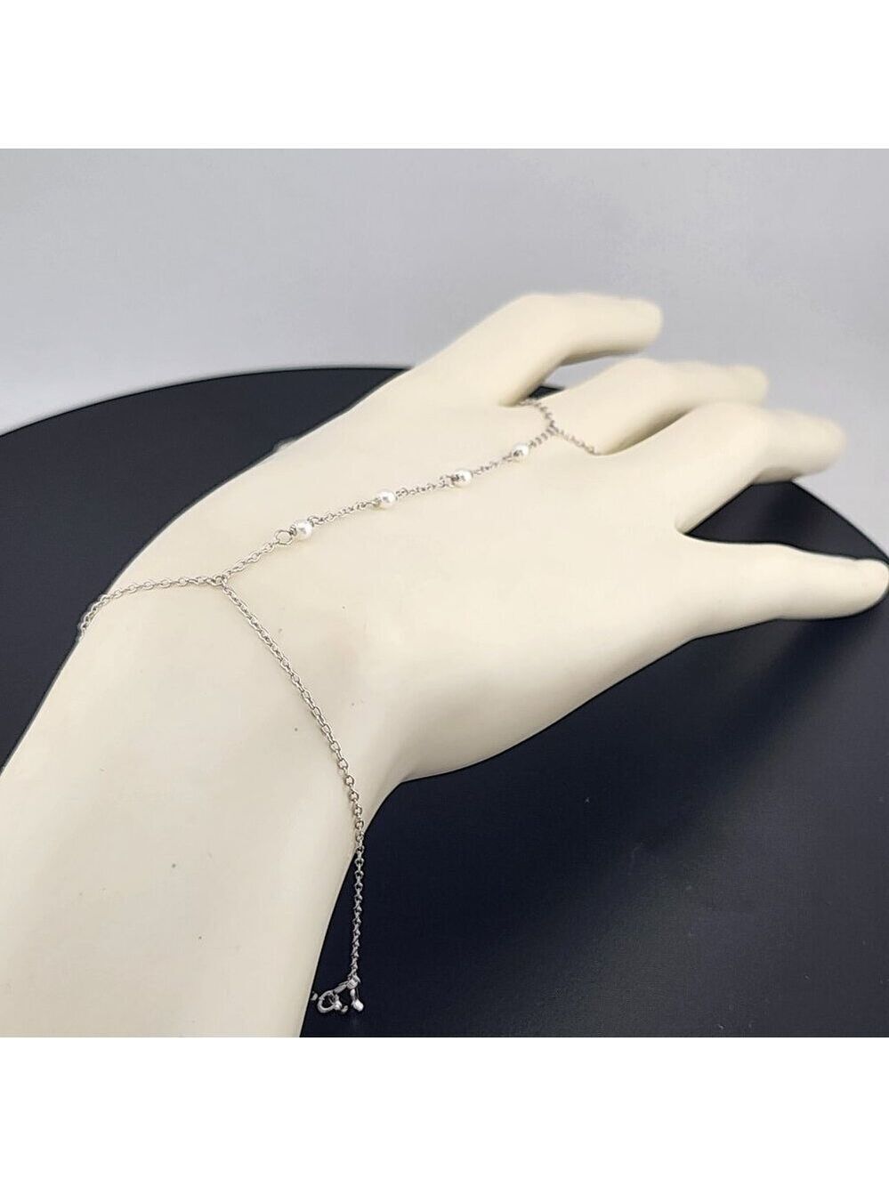 Sterling Silver 925 White Beaded Hand Bracelet with Ring - Picture 9 of 11